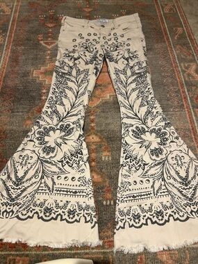Free People Cream Flare Pants with Black Floral Print